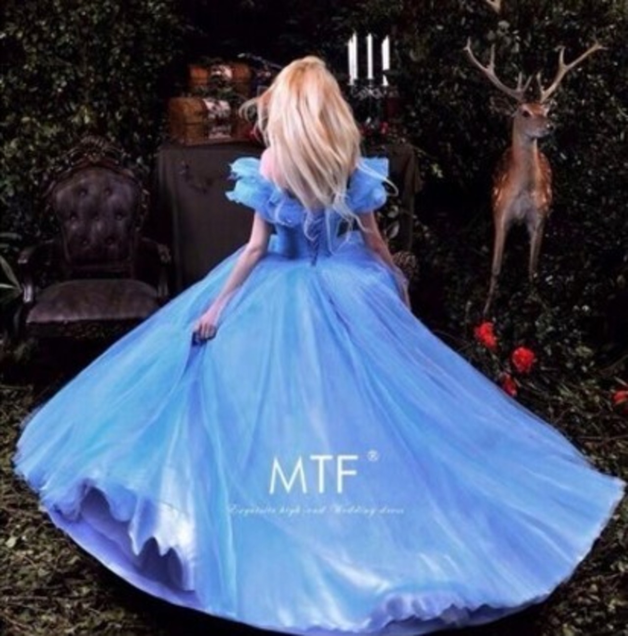 シンデレラドレス 青/ブルー オフショルダー コスプレパーティードレス  