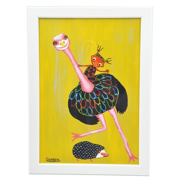 「ハリネズミを回避するダチョウとザイちゃん」フレーム付きレプリカ(A3サイズ)