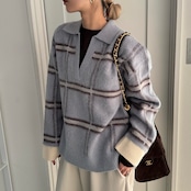 チェック柄スキッパーモヘアタッチknit/ペールブルー