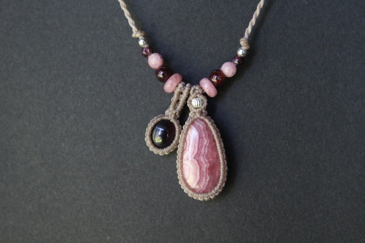 Rhodochrosite  & Rhodolite Garnet micro macrame  pendant