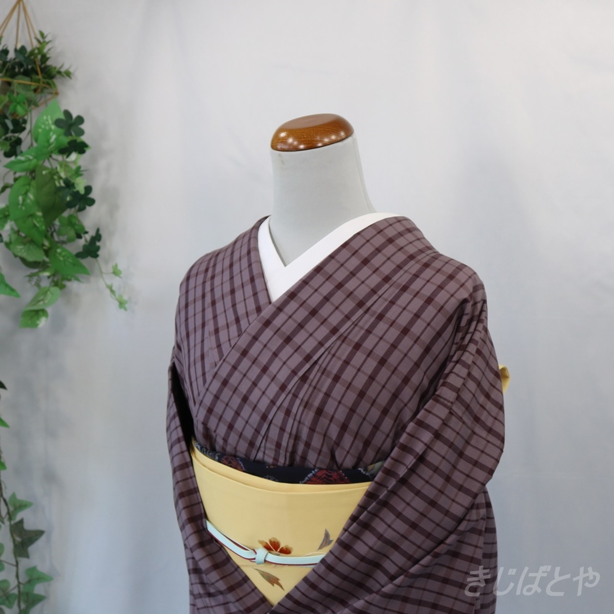 陽彩手摺紬 灰紫に格子の単衣 | きじばとや