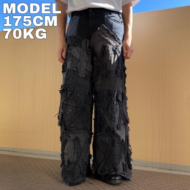 リメイクデニム ワイド フレアデニム ブラックデニム 再構築 M 11658