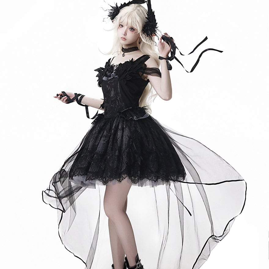 ゴスロリ ワンピース スワン×フェザー×ヘッドドレス付き 黒｜WithU
