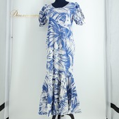 フラダンス 衣装 ワンピース ドレス ブルー系 フラ ダンス 青 白 花柄 ヤシ柄 ハワイアン アロハ 爽やか 軽い ハワイアンプリント 華やか 半袖 絞り ホワイト系