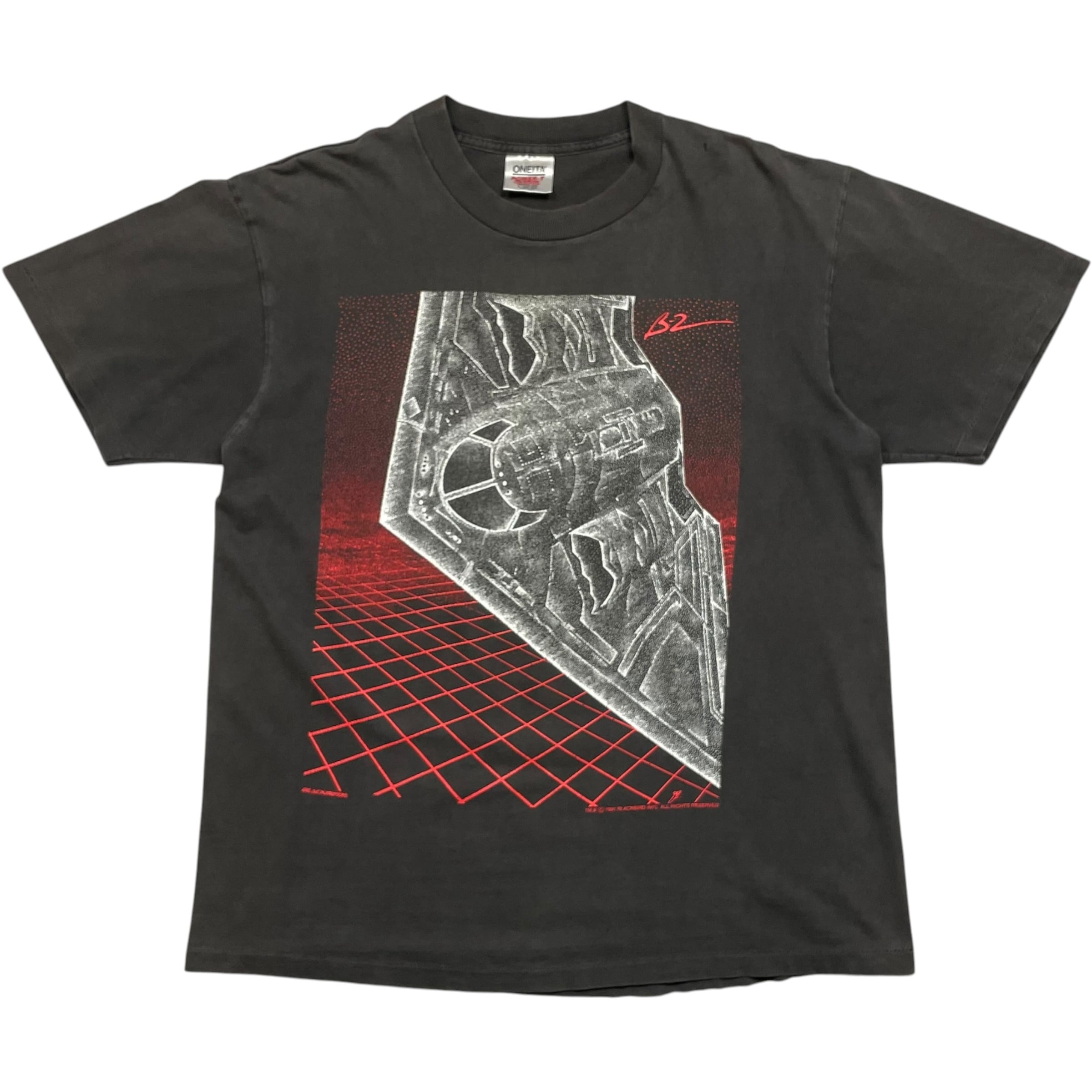 《L》ONEITA オニータ Tシャツ 両面プリント 戦闘機 フェード USA製 90年代 vintage ブラック no.10415