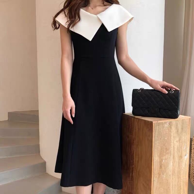 ビッグカラーノースリーブワンピース モノトーンワンピース 全2色