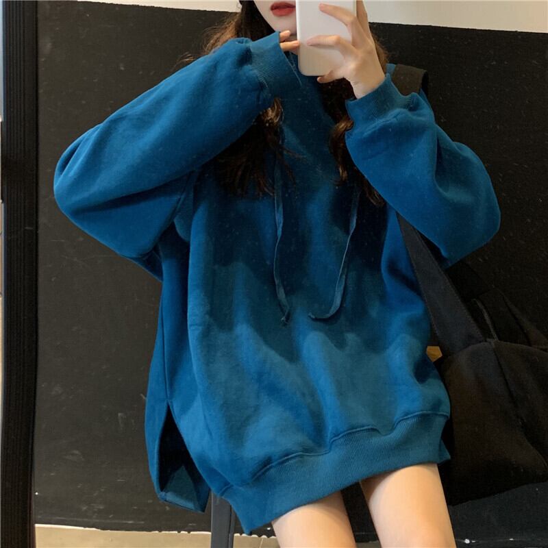 怠惰なスタイルのピュアカラー長袖プルオーバーセーター女性秋バージョンルーズで用途の広いスプリットミドル丈フード付きジャケットタイド クレセントシティ95629518976