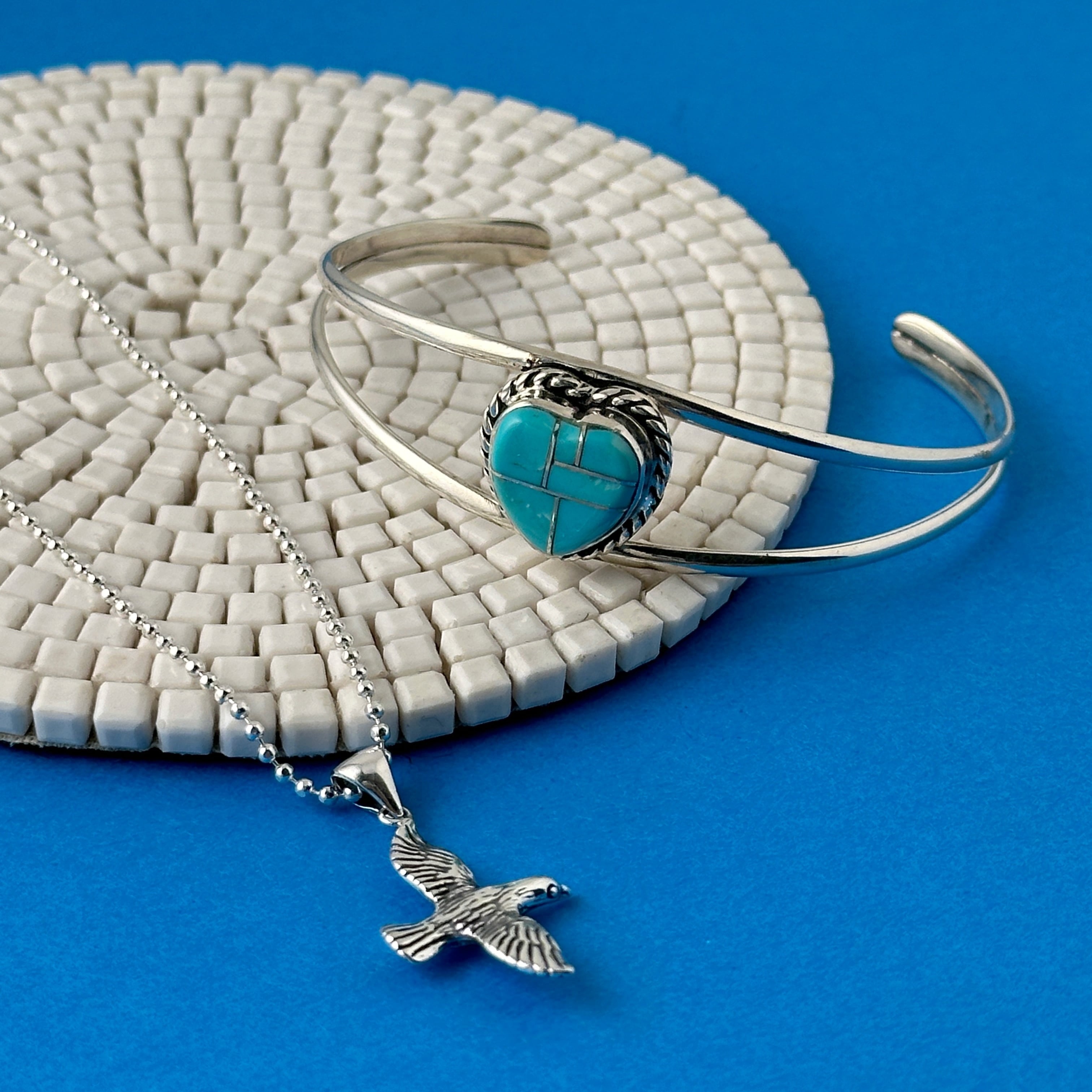 Indian Jewelry 》一点物 ハート シルバーインレイ ターコイズ