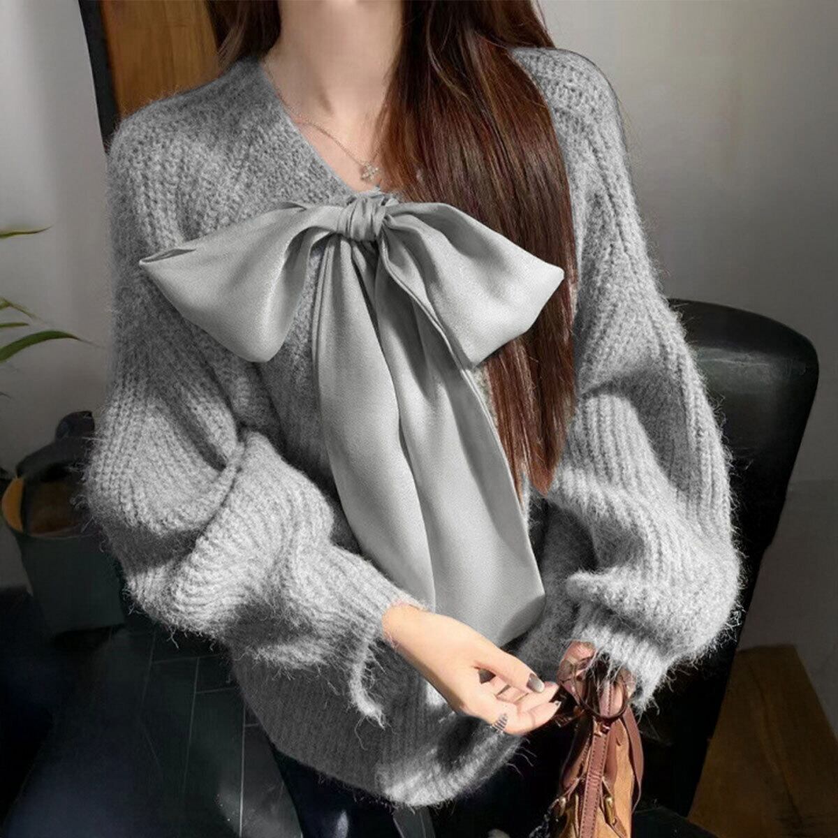 ビッグリボン ニット 長袖 トップス レディース 春秋冬 韓国 前後2way きれいめ 大人 かわいい おしゃれ フェミニン カジュアル ゆったり ローケージニット セーター 体型カバー 大人可愛い 大人女子