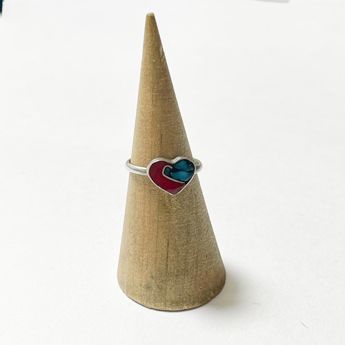 Vintage Sterling  Crushed Turquoise & Coral Heart Ring