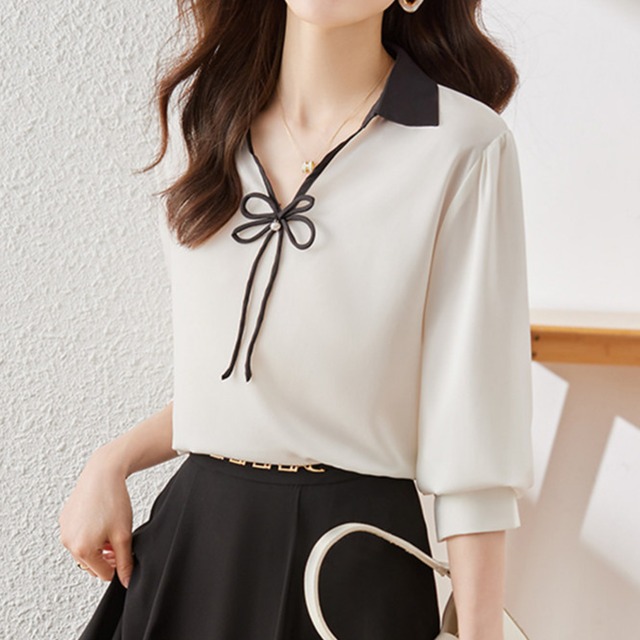 リボンタイ付きシャツカラーブラウス Me1775