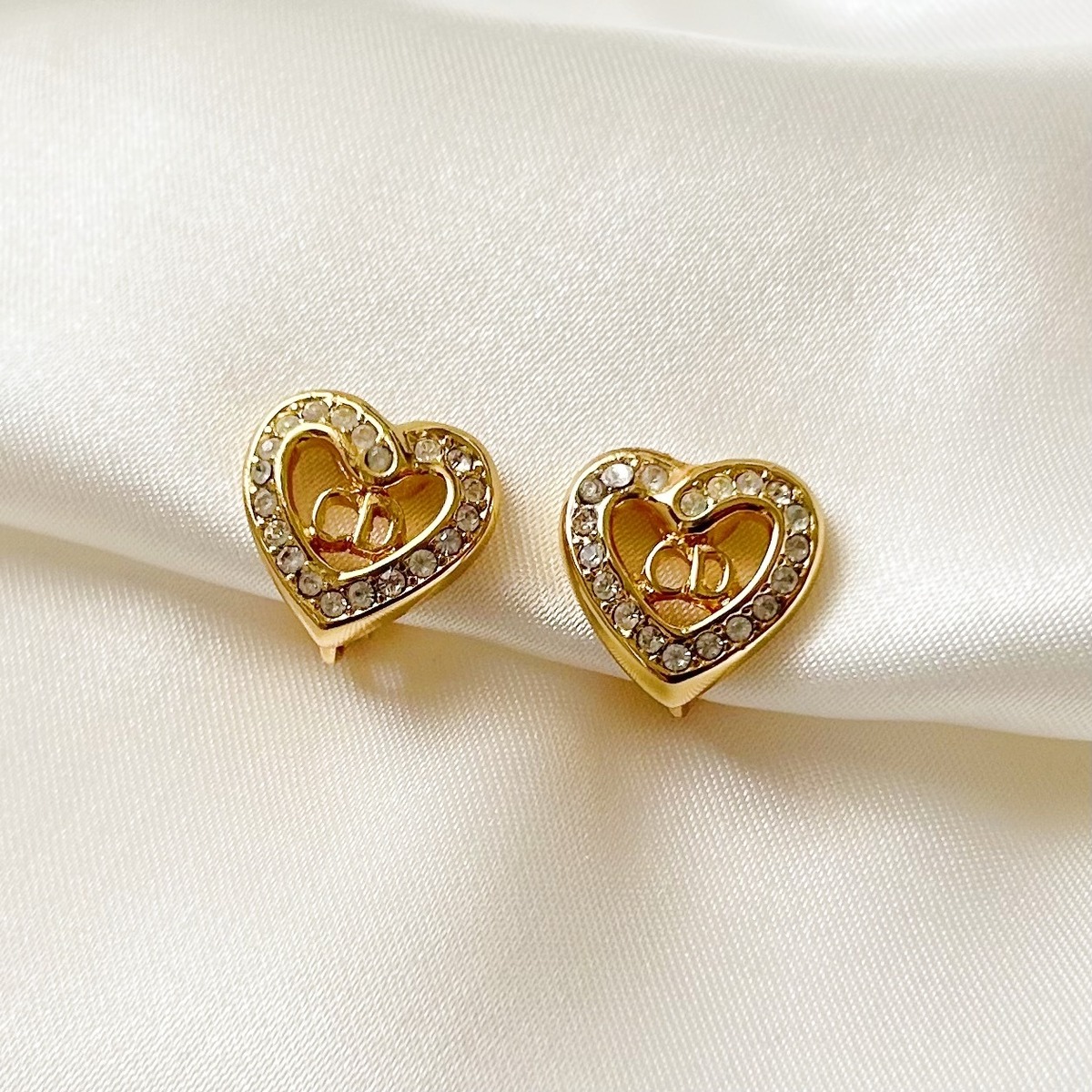 E6053】Christian Dior heart rhinestone earrings/クリスチャン  
