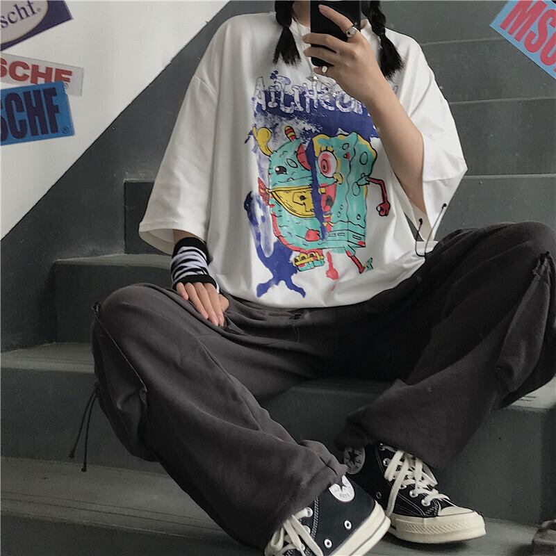 送料無料】KOREA ダークプリントルーズTシャツ トップス レディース