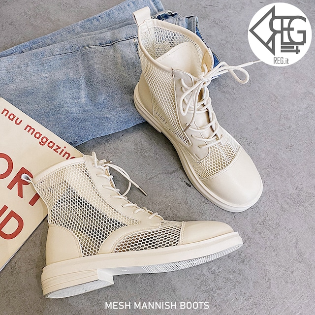 【REGIT】MESH MENNISH BOOTS-IVORY 韓国 靴 シューズ ブーツ メンズライク ミリタリー メッシュ 夏 カジュアル 10代 20代 プチプラ 映える 透け感 ネット通販