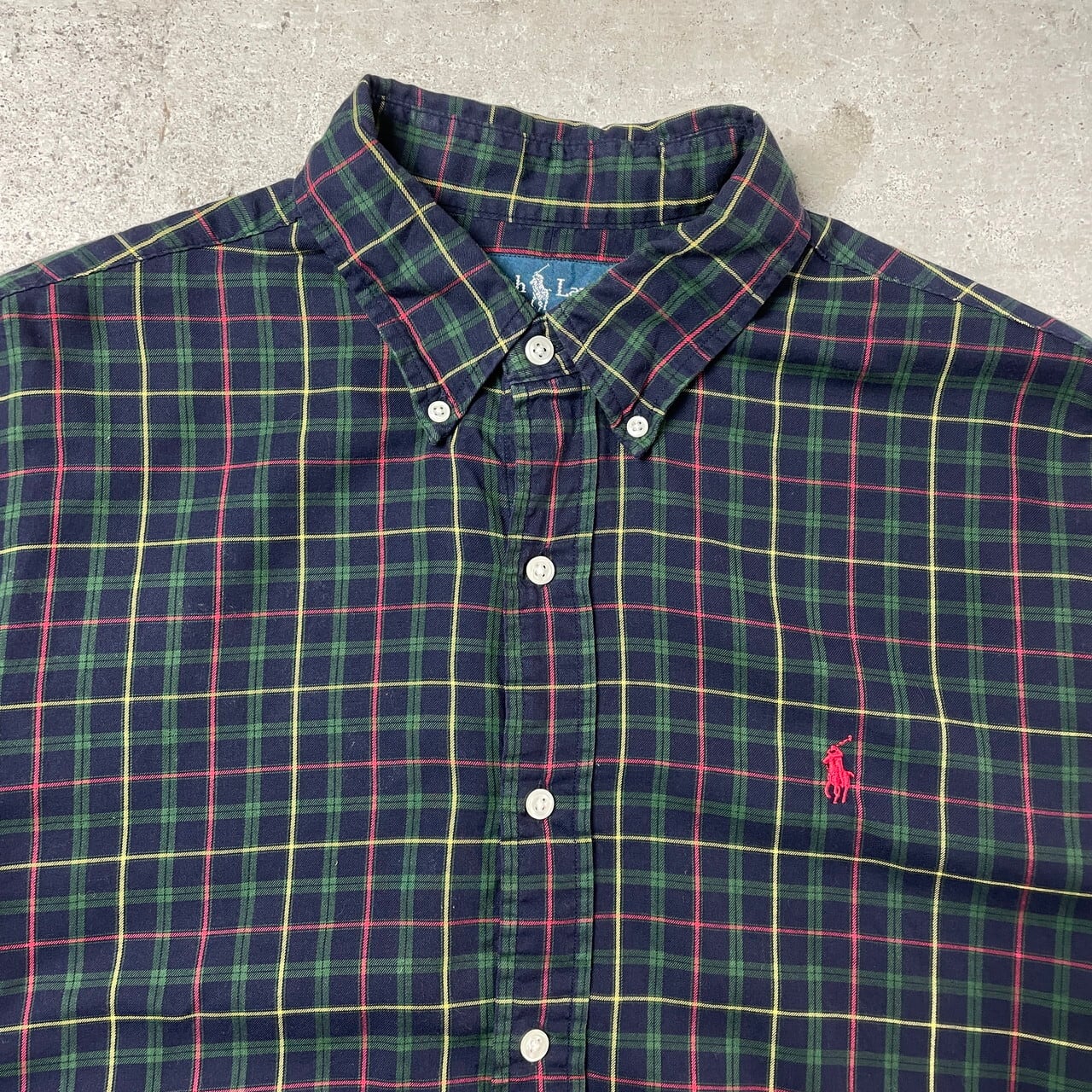 Ralph Lauren ラルフローレン CUSTOM FIT 長袖 チェックシャツ メンズL 古着 ボタンダウン ネイビー グリーン レッド ...