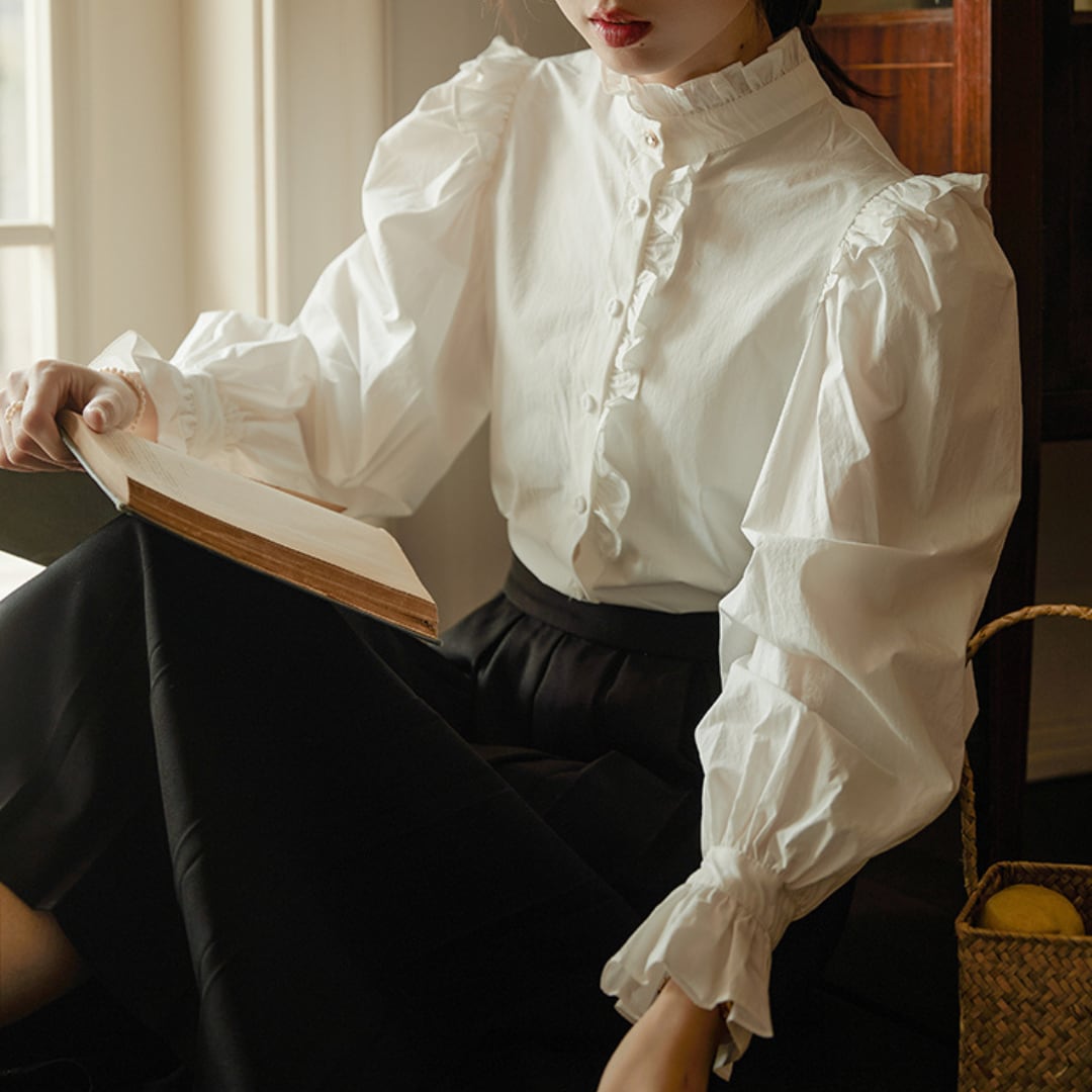 フリルスタンドカラー&スリーブ ロングスリーブブラウス 00550