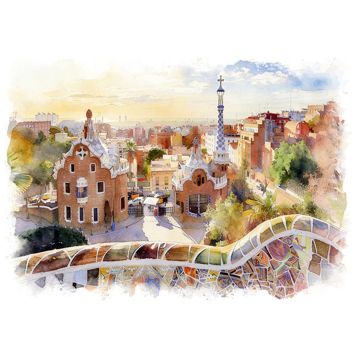 絵画 風景画(街並み) スペイン バルセロナ グエル公園 インテリアアート額付き 水彩画・油絵風 WAT1160