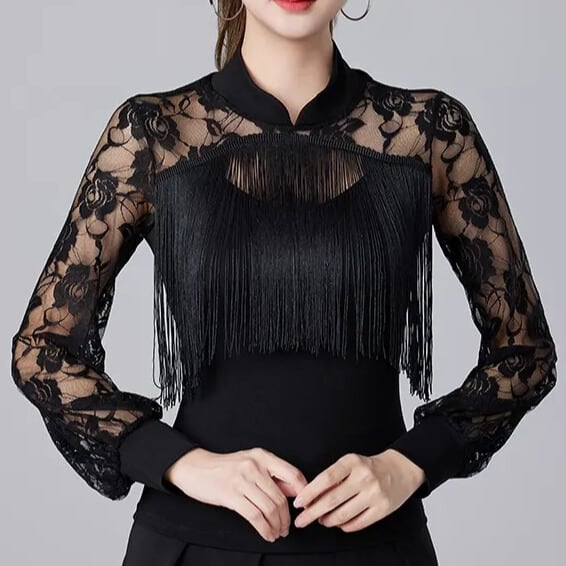 ロングスリーブ フリンジ レース ダンスブラウス ds1127