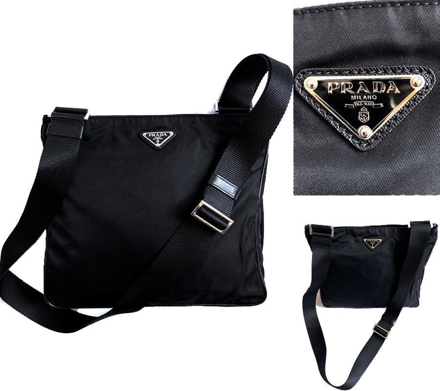 PRADA 美品 ギャラ付き 定価13万 プラダ ロゴ プレート ショルダー バッグ VA0251 男女 ブラック