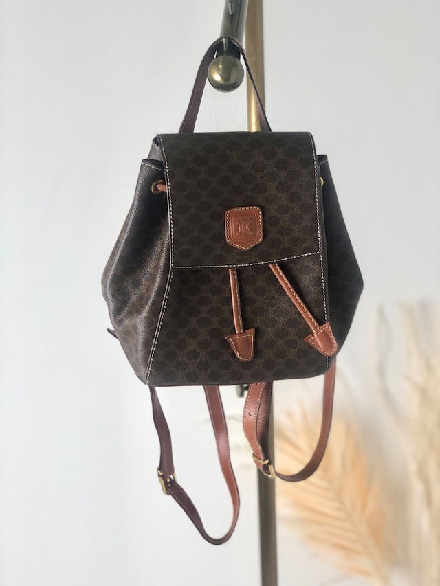 CELINE セリーヌ マカダム ブラゾン型押し レザー 巾着 バックパック ブラウン vintage ヴィンテージ オールド tfey43