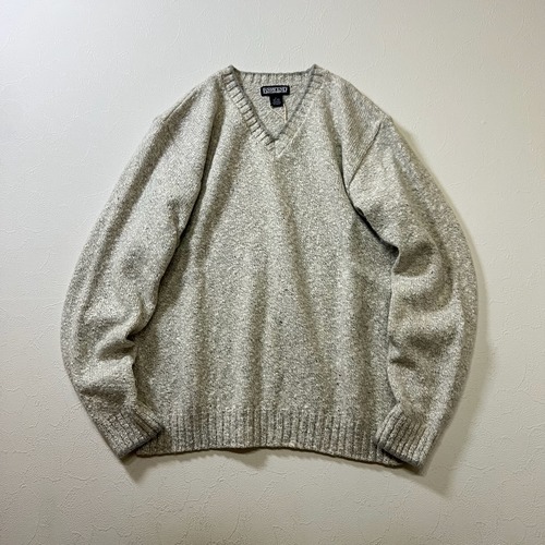 90s USA LAND’S END　Vネック　コットンウール　ニット　ランズエンド　ライトグレー　L 古着