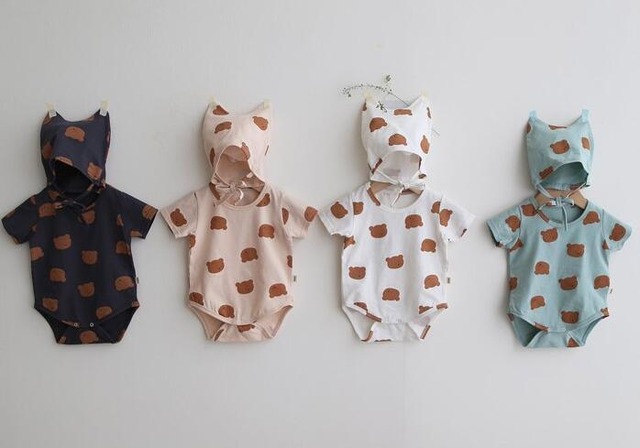 412〖 BABY 〗くまちゃんロンパース 帽子付き 4色展開