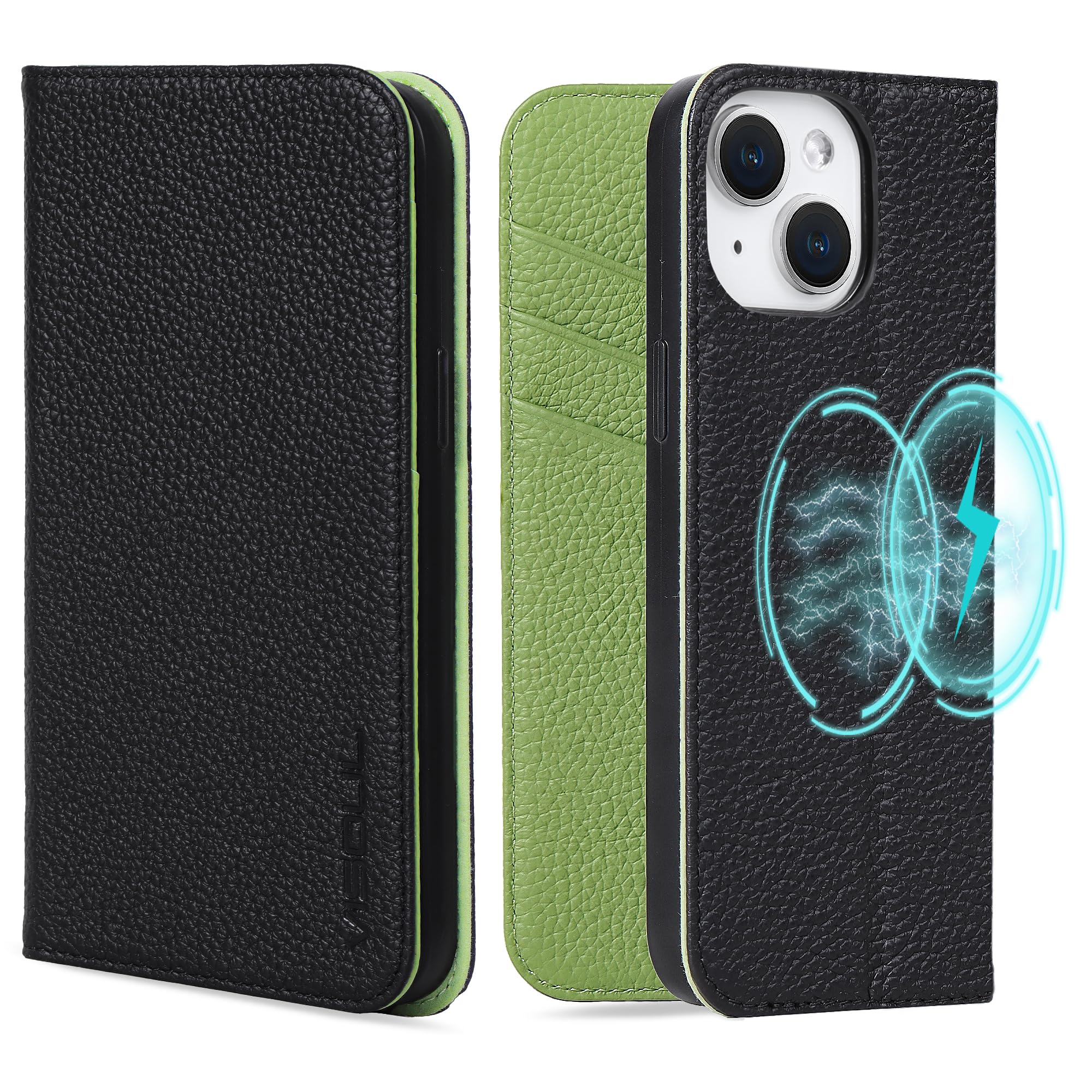 VISOUL iPhone 15 対応ケース 手帳型 本革 MagSafe対応 アイホン 15 スマホケース レザー アイフォン15 手帳ケース カード収納 携帯ケース 全面保護 柔軟なTPU素材 マグネット式 スタンド機能 アイホン 15 グリーン