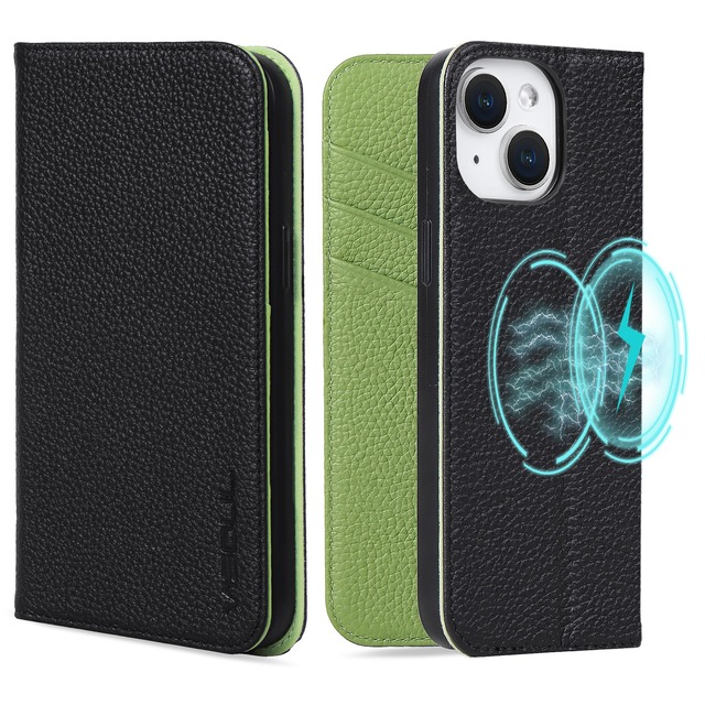 VISOUL iPhone 15 対応ケース 手帳型 本革 MagSafe対応 アイホン 15 スマホケース レザー アイフォン15 手帳ケース カード収納 携帯ケース 全面保護 柔軟なTPU素材 マグネット式 スタンド機能 アイホン 15 グリーン
