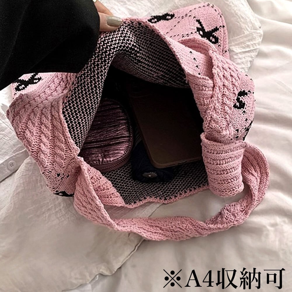 リボン柄 ニット トートバッグ レディース 韓国 大容量 大人 かわいい おしゃれ 通勤 通学 エコバッグ 折り畳み 軽量 A4 きれいめ カジュアル 大人可愛い 大人女子