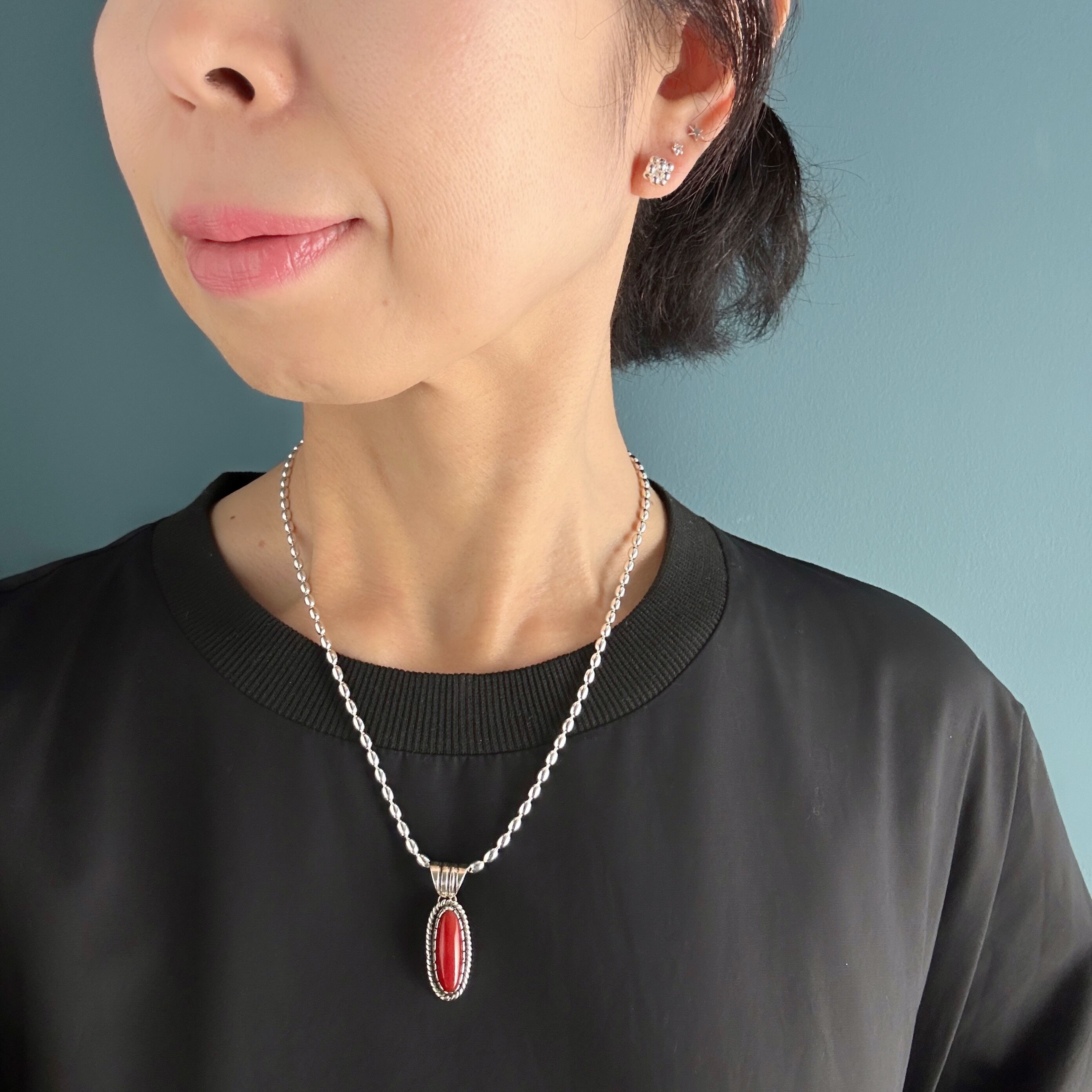 Indian Jewelry】レッド コーラル オーバル ペンダント ネックレス