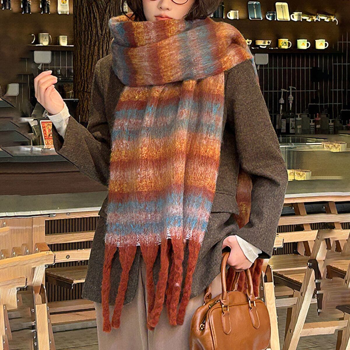 ボリューム マフラー 大判 レディース 秋冬 韓国 ふわふわ もこもこ 防寒 保温 おしゃれ ボーダー柄 フリンジマフラー 通勤 通学 暖かい 大人可愛い 大人女子