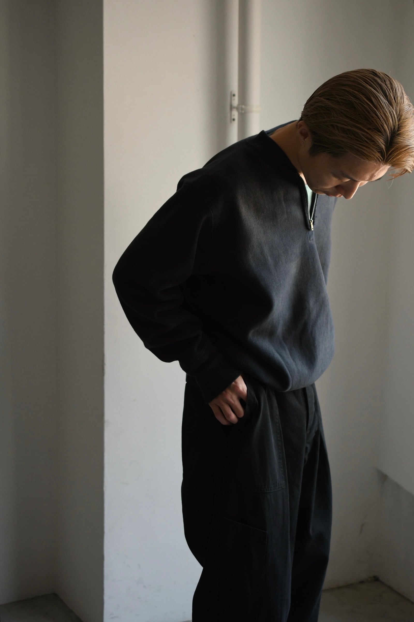 A.PRESSE / Vintage Half Zip Rib Collar Sweatshirt (Black) | nariwai