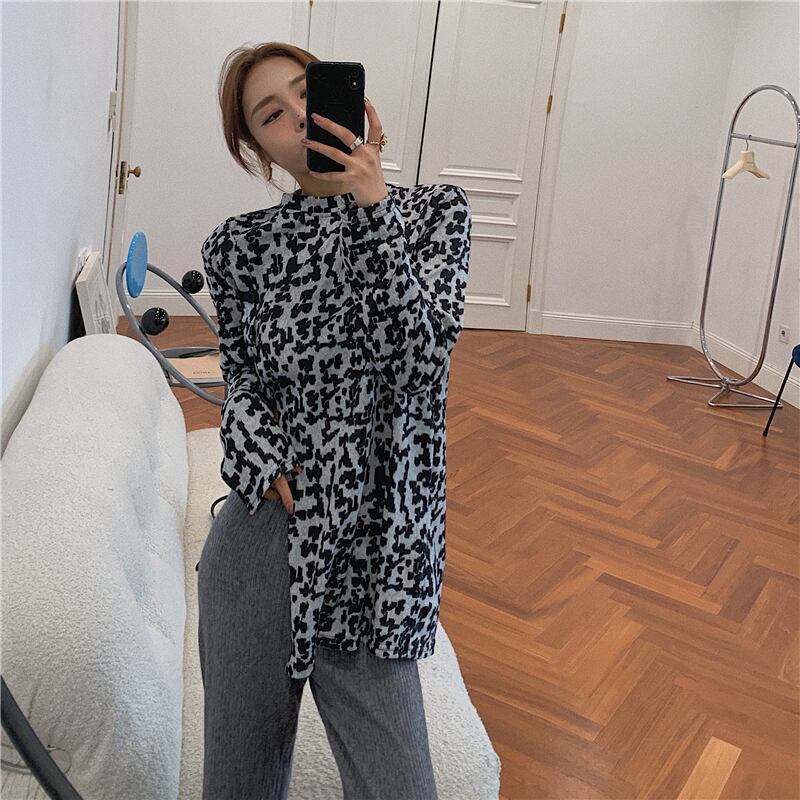 Tシャツ シャツ レオパードプリント柄カラーオータムウィンターブラックルーズトップス ロング 秋物 冬物 ブラックストロベリース25957464981