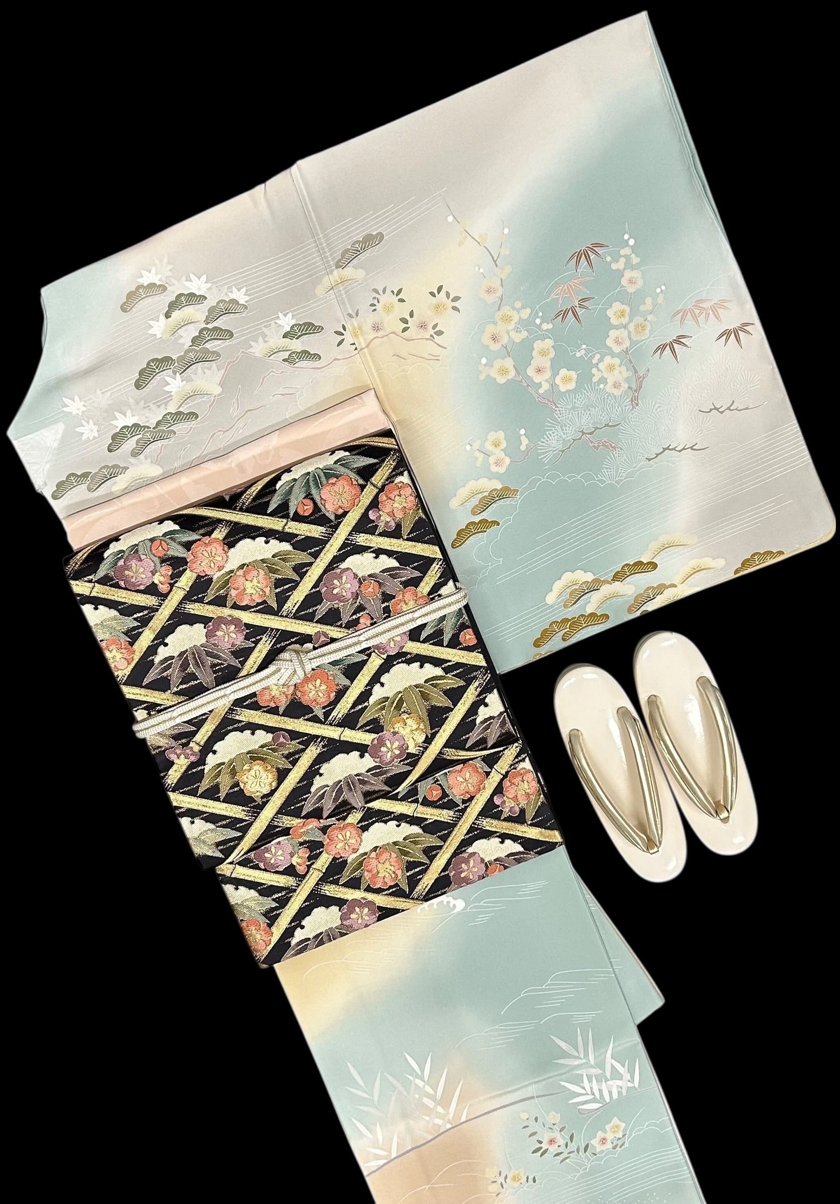 名古屋帯 ミンサー織 生成り色地 長さ 377㎝ Q4440 | 着物 ひょうたん堂