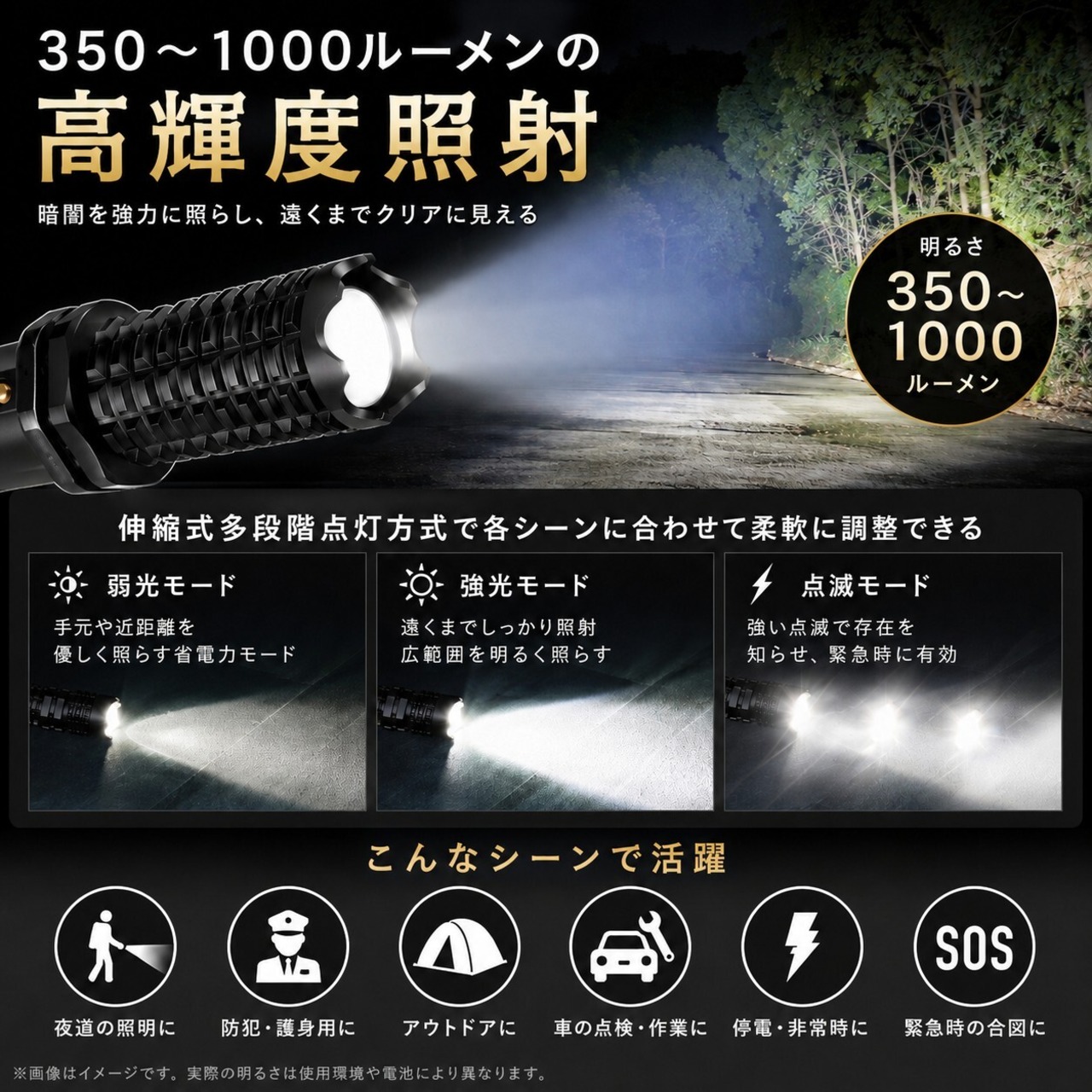 【警棒代わりになる】伸縮式防犯ライト 約35→46cm 350-1000lm 多段階点灯 威嚇性UP 破窓機能 高硬度アルミ ストラップ付き 護身・非常用