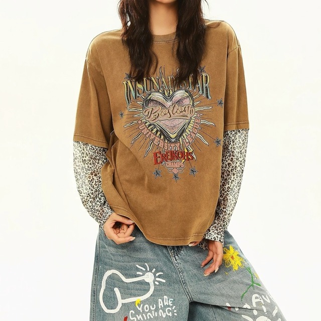 ハートモチーフレオパードレイヤードライクTシャツ 2col R02583
