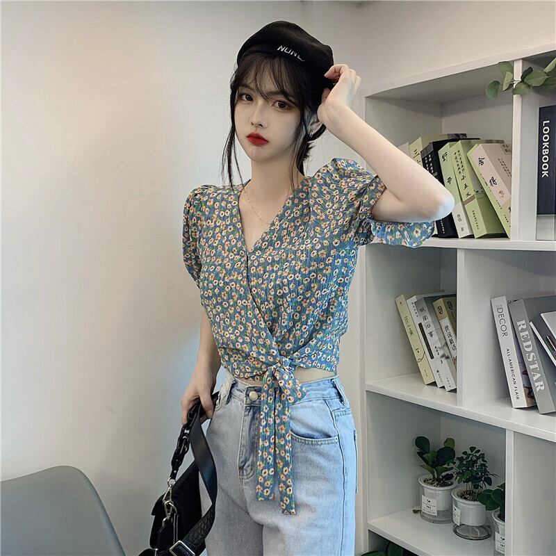 スリーブシフォンフローラルブラウス レディースサマーショートハイウェストシャツ 夏物 花柄 misskkl75522427811