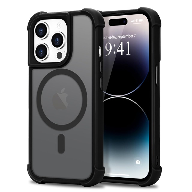 Pepmune iPhone 14 Pro 用 ケース MagSafe対応 耐衝撃 衝撃吸収 [四隅強化保護] 落下防止 耐黄変 傷防止 指紋防止 滑り止め 半透明 マット ストラップホール付き ワイヤレス充電対応 スマホケース カバー (ブラック)