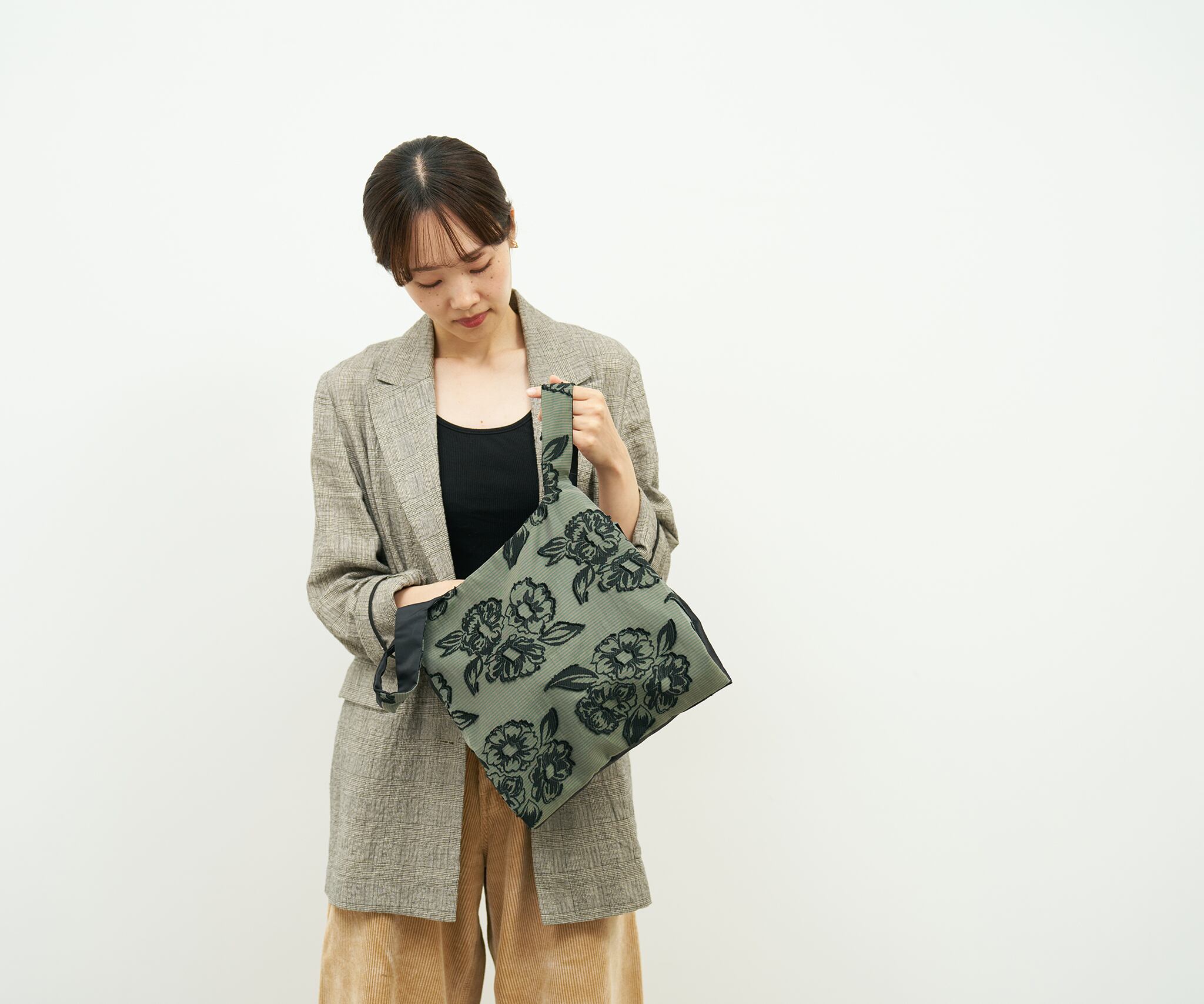 TWINS bag / black flower × shiny black / S（ポケット付