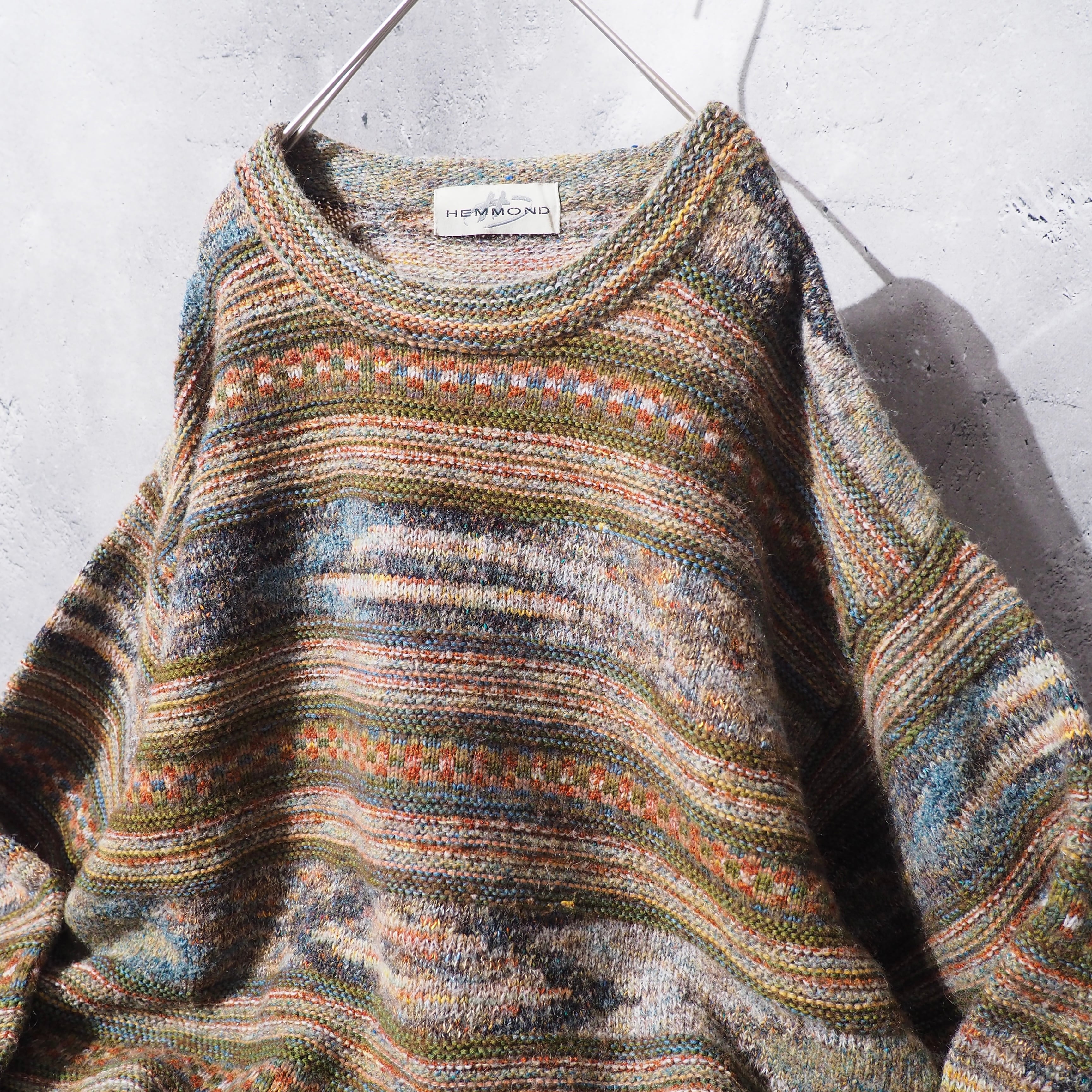 1980s " Made in Italy " Colorful mosaic × Border pattern vintage loose knit