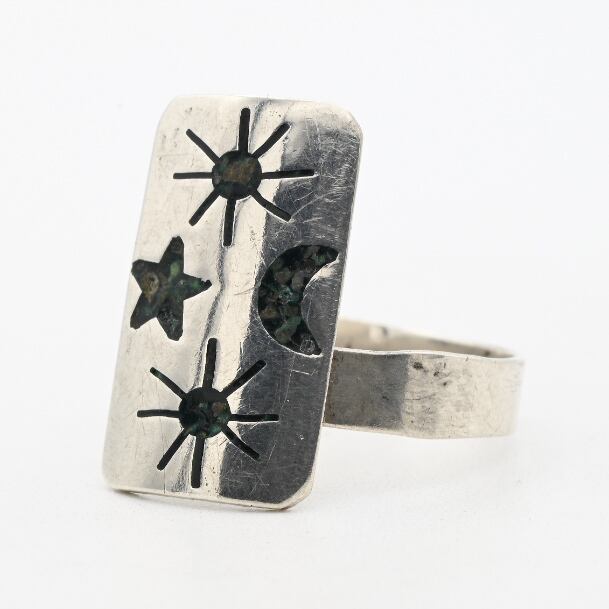 Crushed Turquoise Inlay Wide Plate Adjustable Ring #18.5 / Mexico