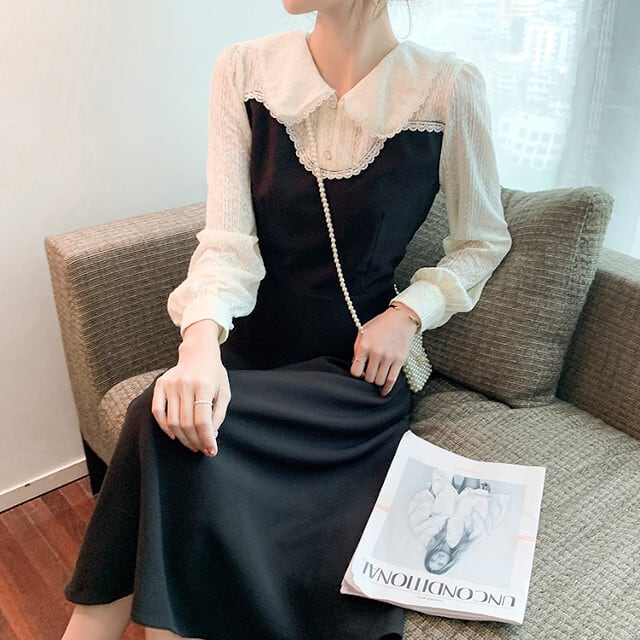 ワンピース レディース ひざ下丈 ミモレ丈 Aライン オケージョンワンピ お嬢様風 襟付き レース 異素材ミックス ブラック 長袖 S/M/L/XL/2XL