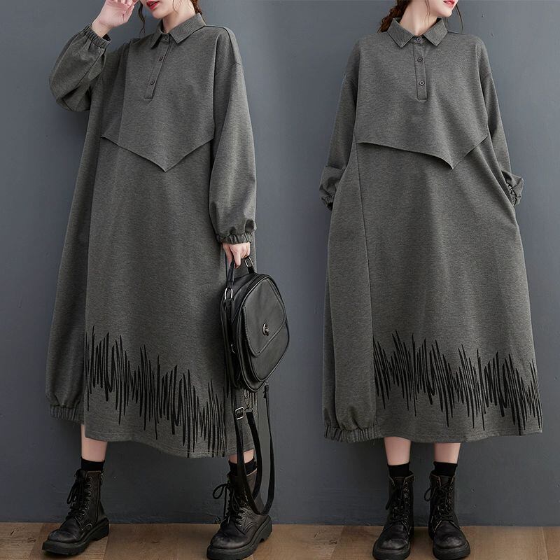 GRAY HALF BUTTON MIDI ASYMMETRIC DESIGN SHIRT DRESS 1color M-11465