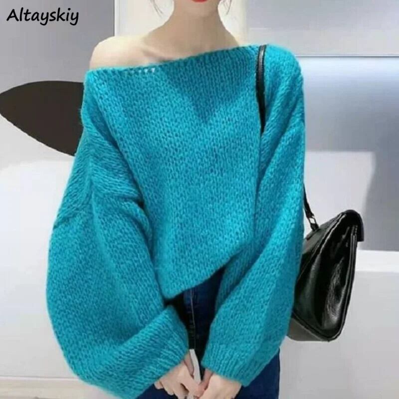 【新作】【送料無料】 スラッシュネックプルオーバー女性原宿 Y2k 服セーターニット美的長袖だぶだぶオールマッチカジュアル Свитер Женский 新しい 0392272818599