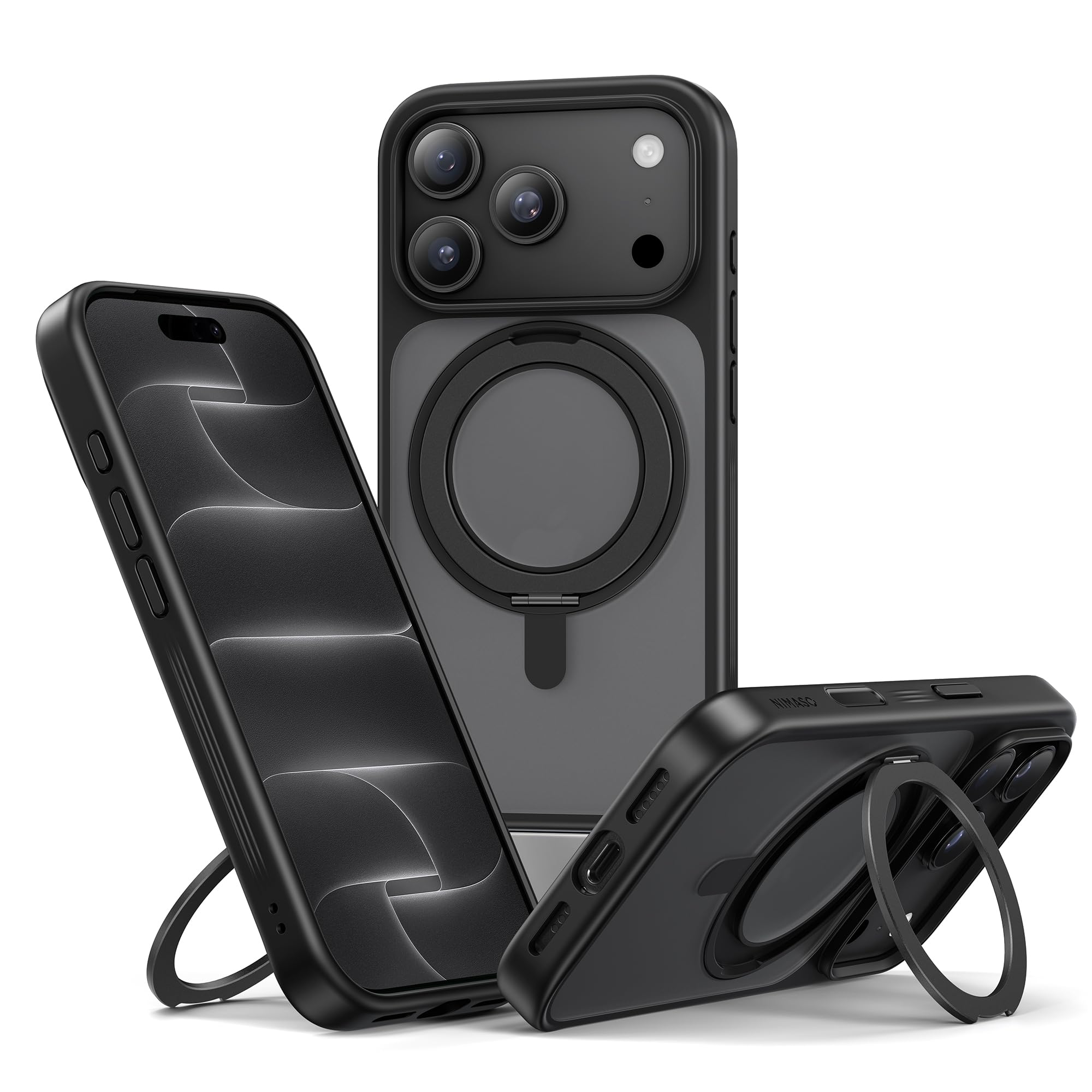 NIMASO iPhone 18 Pro / 17 Pro 用ケース 回転スタンド MagSafe対応 耐衝撃 マット感 防指紋 ブラック