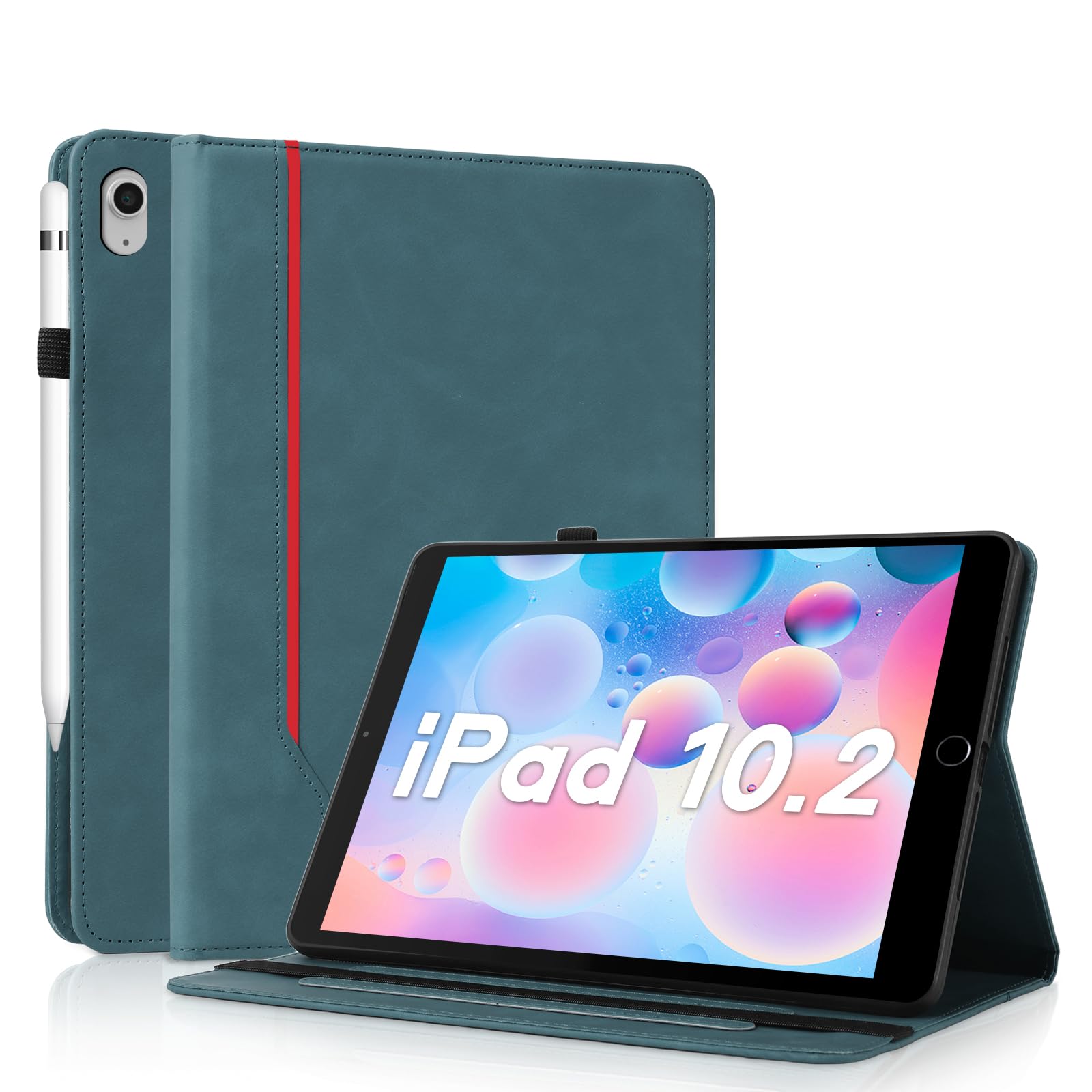 【CASAFUNY】iPad 9/8/7 ケース (10.2インチ、2021/2020/2019モデル、第9/8/7世代) 耐衝撃 傷つけ防止 PUレザー カバー Apple Pencil 収納可能 オートスリープ/ウェイク機能対応 おしゃれ 軽量 シンプル ビジネス風 カードポケット スタンドケース(グリーン)