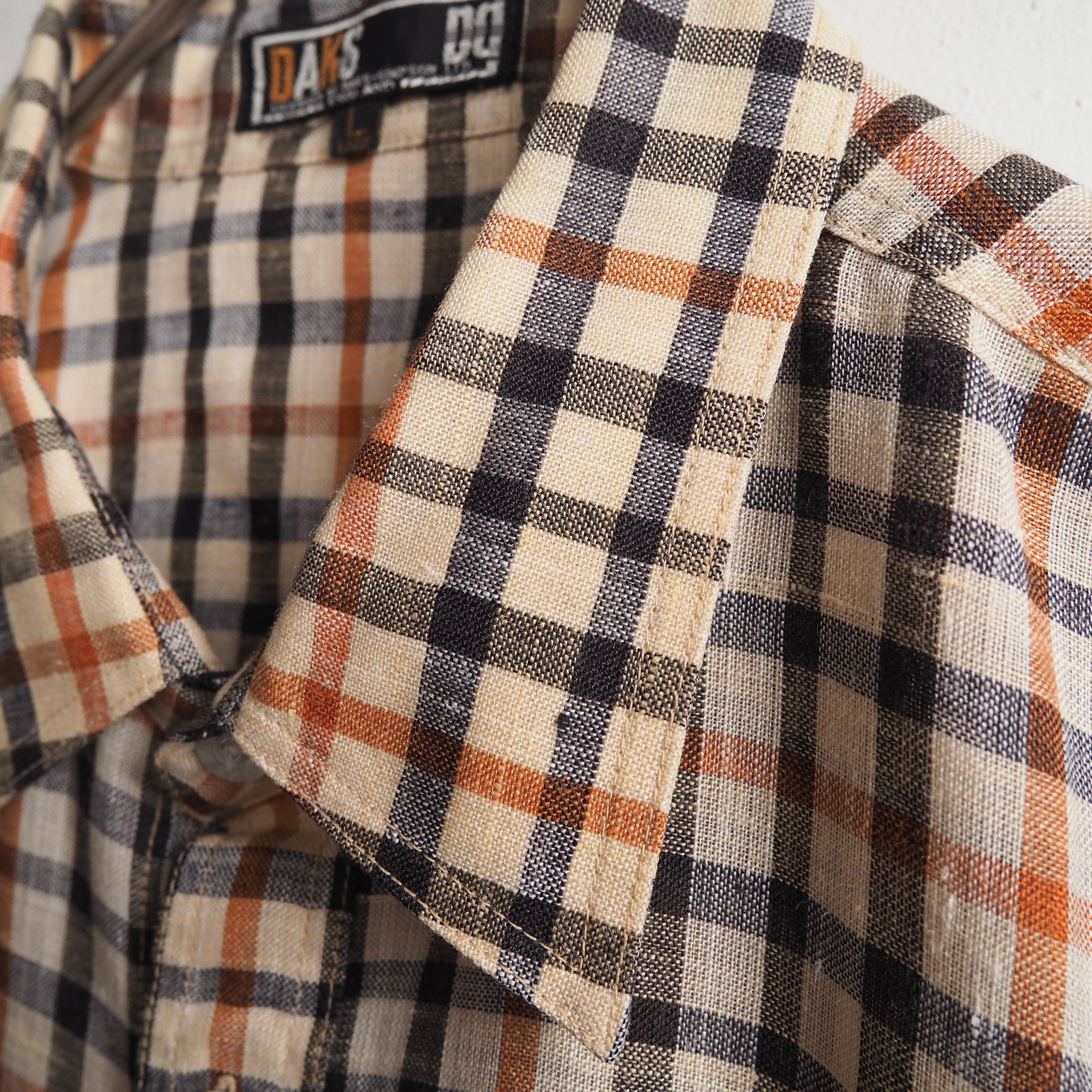 1980s ” Old DAKS ” House check pattern Design vintage loose linen mix shirt