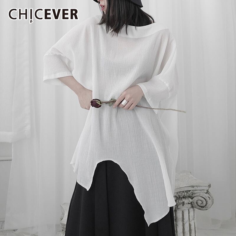 CHICEVER不規則なTシャツ女性Oネック半袖フリーサイズ非対称サマーシャツ2020服 ショート ハーフスリーブ 夏物 6base579819598345