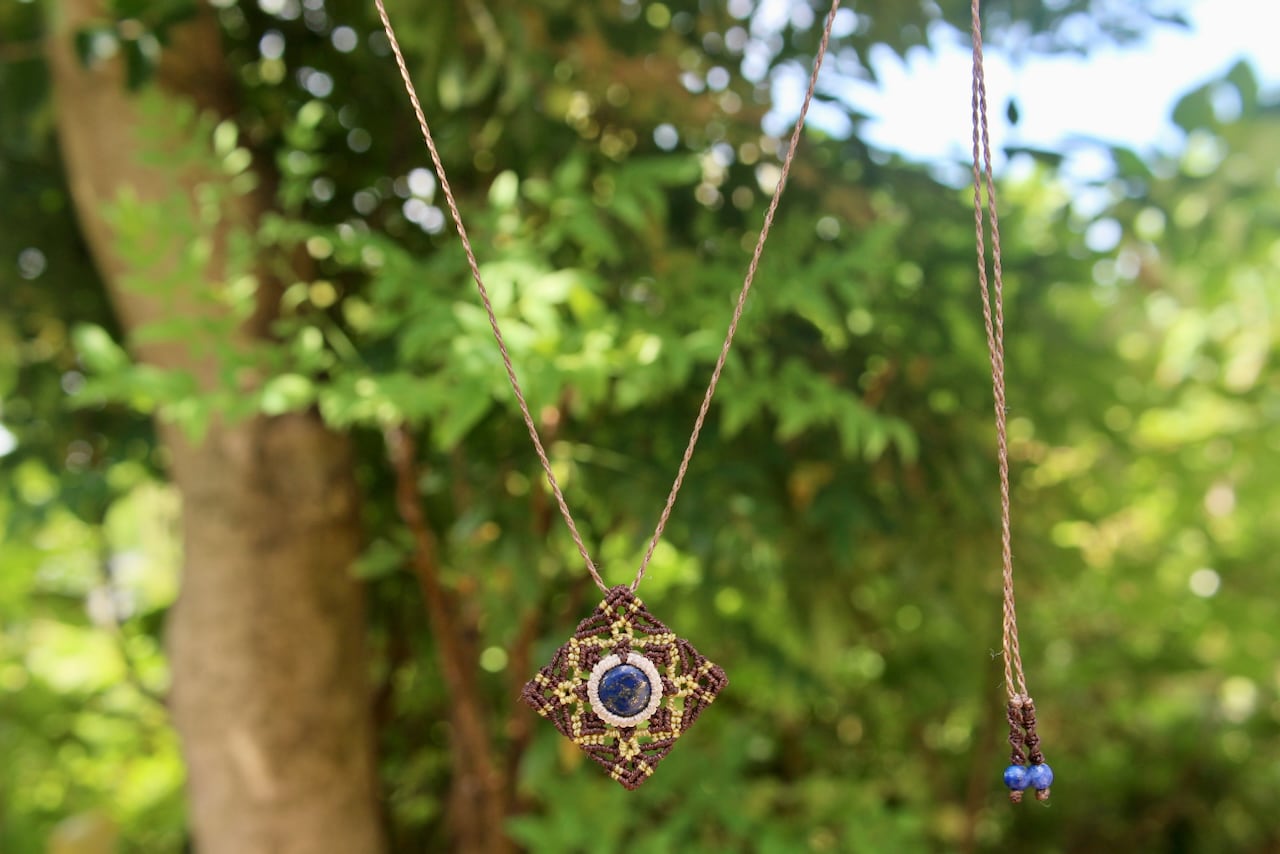 Lapis lazuli micro macrame mandala pendant