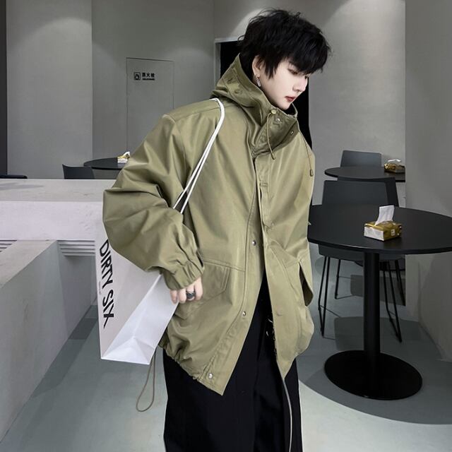 【予約販売】ブルゾン ステンカラー フード付き 無地 オーバーサイズ カーキ ブラック ショート丈 ジャケット 防寒 お洒落 こなれ感 ベーシック 秋冬 大きいサイズ M/L/XL